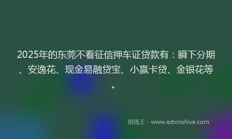 2025年的东莞不看征信押车证贷款有：瞬下分期、安逸花、现金易融贷宝、小赢卡贷、金银花等。