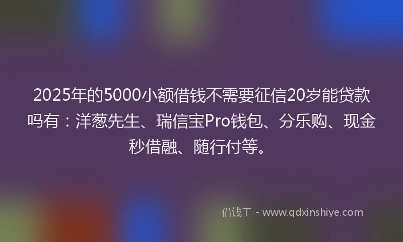 2025年的5000小额借钱不需要征信20岁能贷款吗有：洋葱先生、瑞信宝Pro钱包、分乐购、现金秒借融、随行付等。