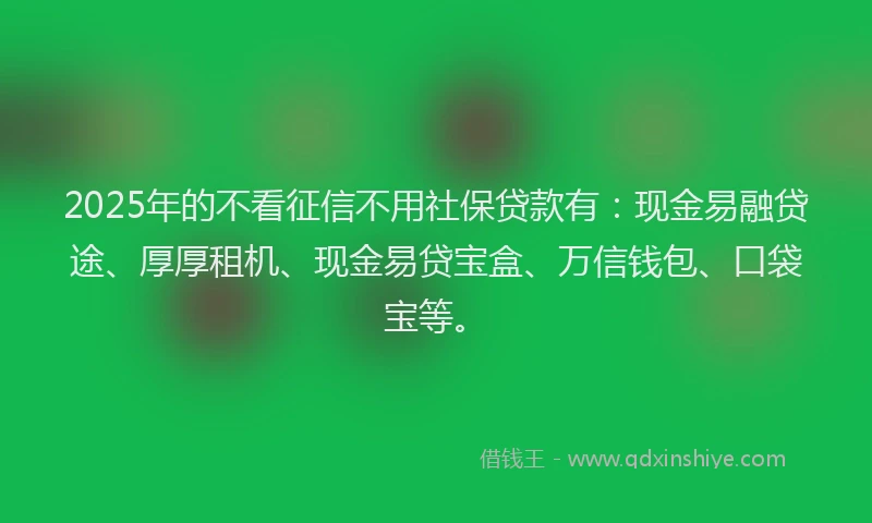 2025年的不看征信不用社保贷款有：现金易融贷途、厚厚租机、现金易贷宝盒、万信钱包、口袋宝等。