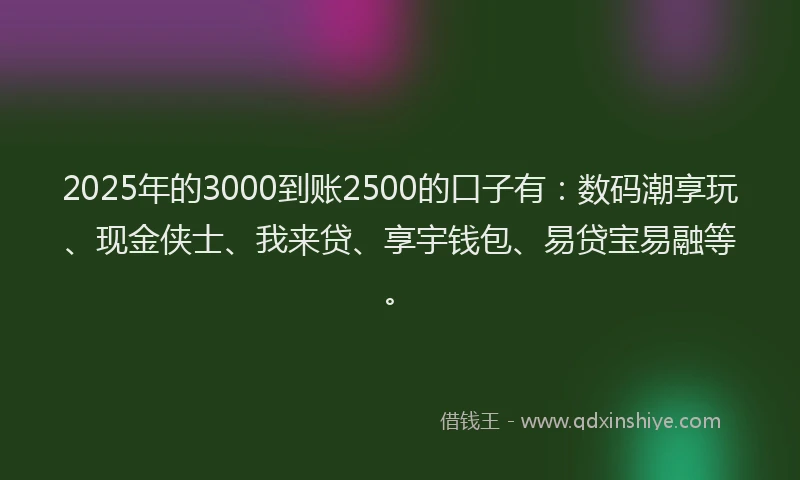 2025年的3000到账2500的口子有：数码潮享玩、现金侠士、我来贷、享宇钱包、易贷宝易融等。