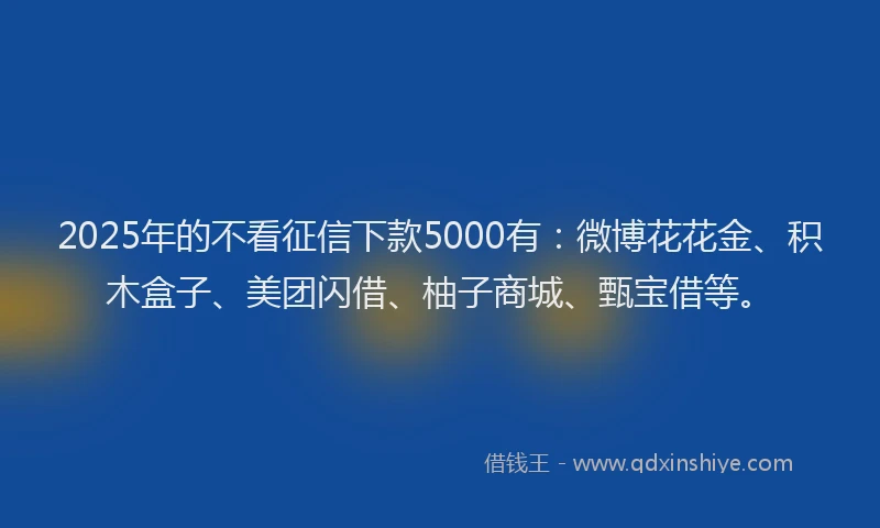 2025年的不看征信下款5000有：微博花花金、积木盒子、美团闪借、柚子商城、甄宝借等。