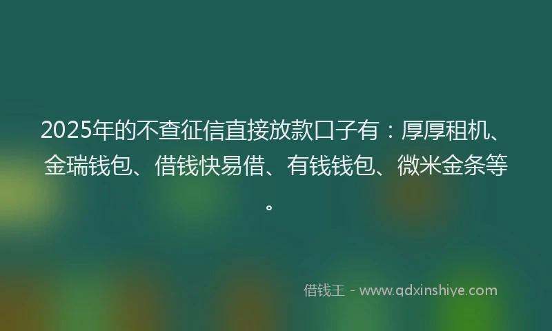2025年的不查征信直接放款口子有：厚厚租机、金瑞钱包、借钱快易借、有钱钱包、微米金条等。
