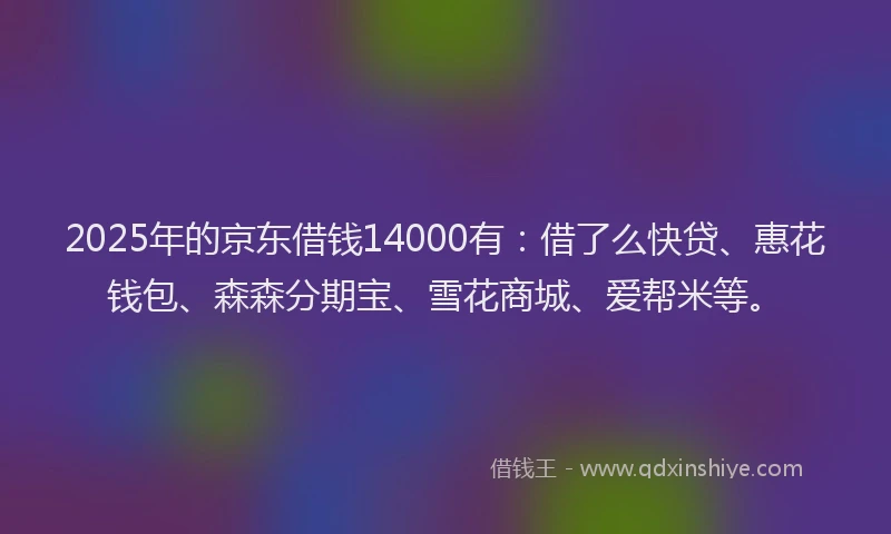 2025年的京东借钱14000有：借了么快贷、惠花钱包、森森分期宝、雪花商城、爱帮米等。