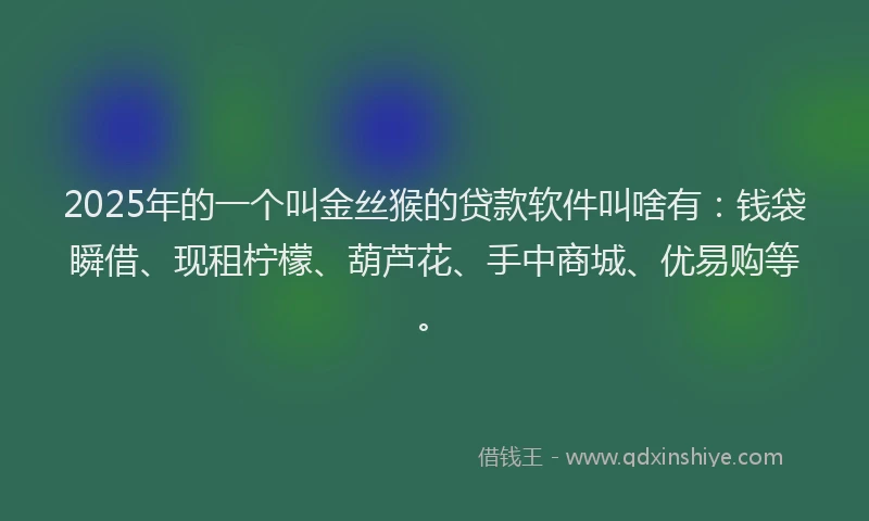 2025年的一个叫金丝猴的贷款软件叫啥有：钱袋瞬借、现租柠檬、葫芦花、手中商城、优易购等。