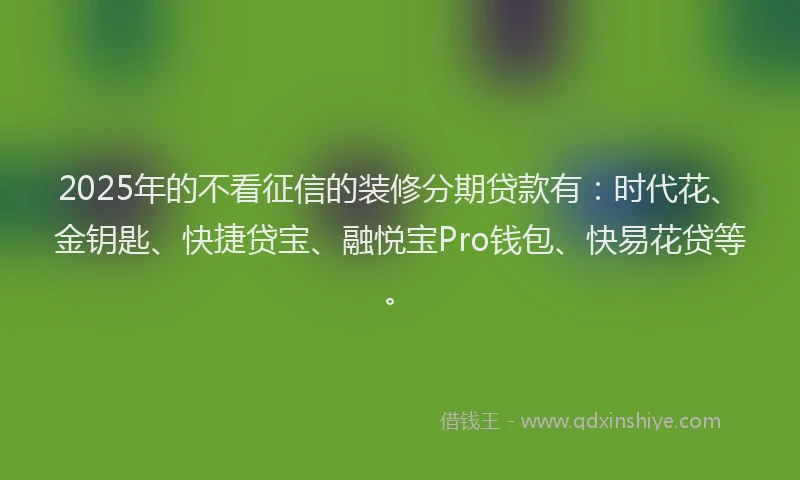 2025年的不看征信的装修分期贷款有：时代花、金钥匙、快捷贷宝、融悦宝Pro钱包、快易花贷等。