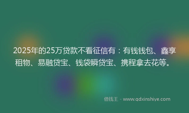 2025年的25万贷款不看征信有：有钱钱包、鑫享租物、易融贷宝、钱袋瞬贷宝、携程拿去花等。