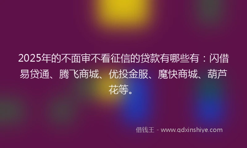 2025年的不面审不看征信的贷款有哪些有：闪借易贷通、腾飞商城、优投金服、魔快商城、葫芦花等。