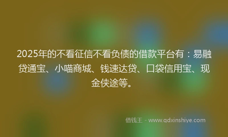 2025年的不看征信不看负债的借款平台有：易融贷通宝、小喵商城、钱速达贷、口袋信用宝、现金侠途等。