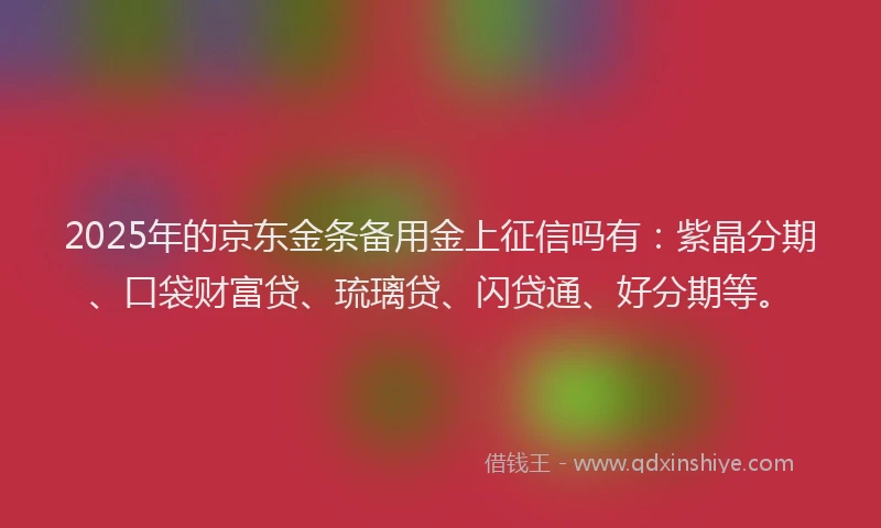 2025年的京东金条备用金上征信吗有：紫晶分期、口袋财富贷、琉璃贷、闪贷通、好分期等。