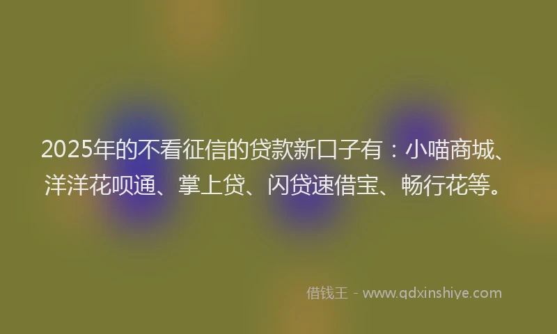 2025年的不看征信的贷款新口子有：小喵商城、洋洋花呗通、掌上贷、闪贷速借宝、畅行花等。