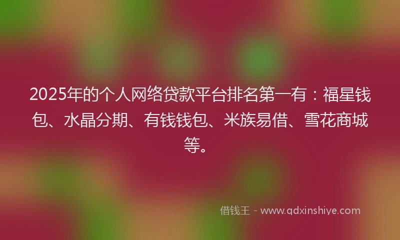 2025年的个人网络贷款平台排名第一有：福星钱包、水晶分期、有钱钱包、米族易借、雪花商城等。