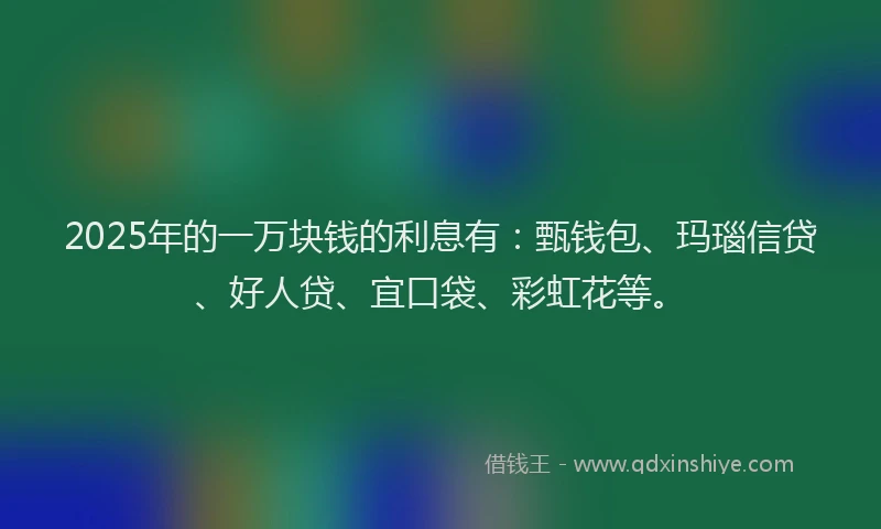 2025年的一万块钱的利息有：甄钱包、玛瑙信贷、好人贷、宜口袋、彩虹花等。