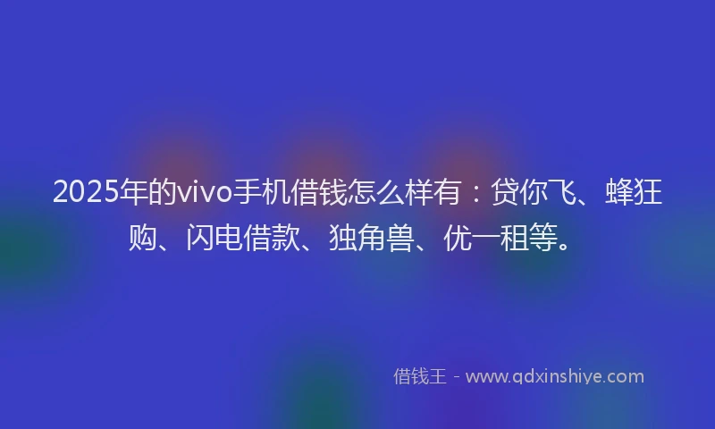 2025年的vivo手机借钱怎么样有：贷你飞、蜂狂购、闪电借款、独角兽、优一租等。