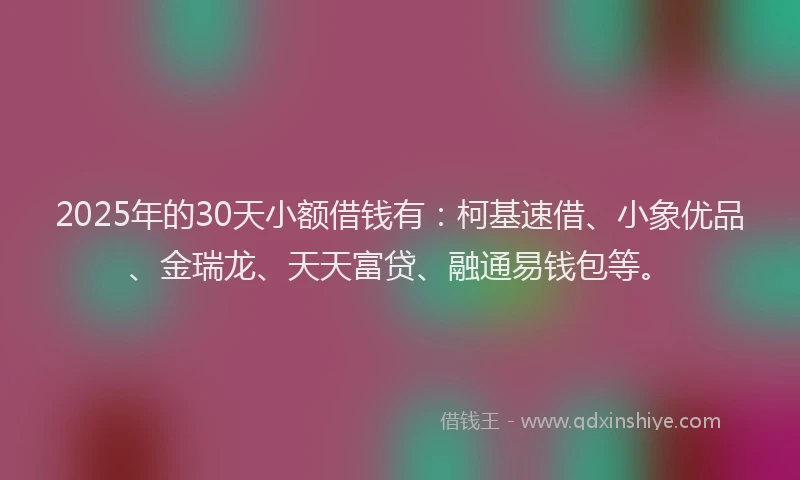 2025年的30天小额借钱有：柯基速借、小象优品、金瑞龙、天天富贷、融通易钱包等。