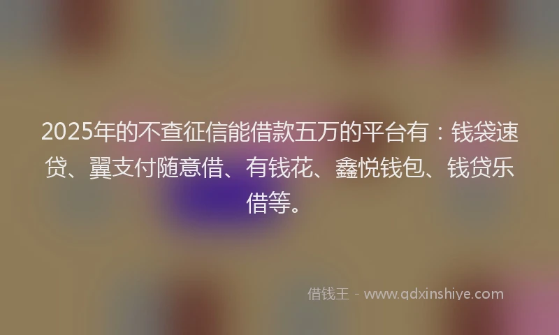 2025年的不查征信能借款五万的平台有：钱袋速贷、翼支付随意借、有钱花、鑫悦钱包、钱贷乐借等。