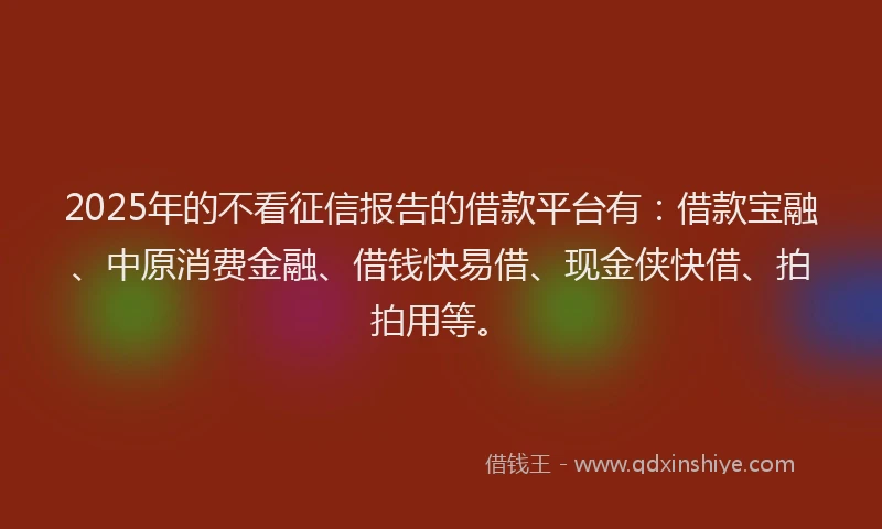 2025年的不看征信报告的借款平台有：借款宝融、中原消费金融、借钱快易借、现金侠快借、拍拍用等。