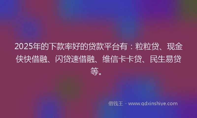 2025年的下款率好的贷款平台有：粒粒贷、现金侠快借融、闪贷速借融、维信卡卡贷、民生易贷等。