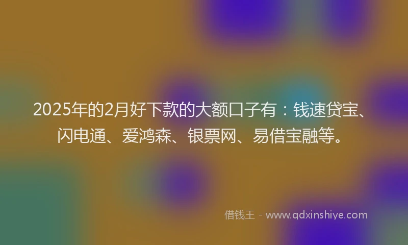 2025年的2月好下款的大额口子有：钱速贷宝、闪电通、爱鸿森、银票网、易借宝融等。