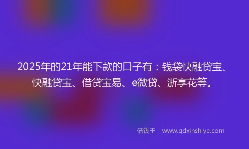 2025年的21年能下款的口子有：钱袋快融贷宝、快融贷宝、借贷宝易、e微贷、浙享花等。