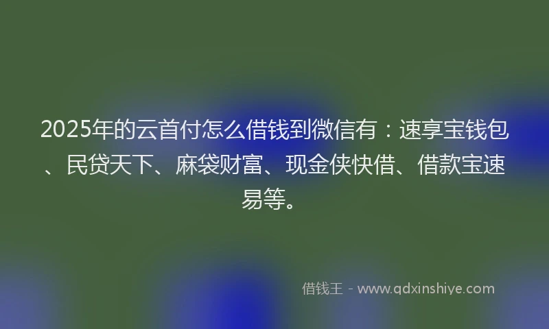 2025年的云首付怎么借钱到微信有：速享宝钱包、民贷天下、麻袋财富、现金侠快借、借款宝速易等。