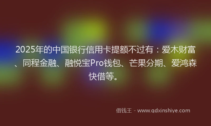 2025年的中国银行信用卡提额不过有：爱木财富、同程金融、融悦宝Pro钱包、芒果分期、爱鸿森快借等。