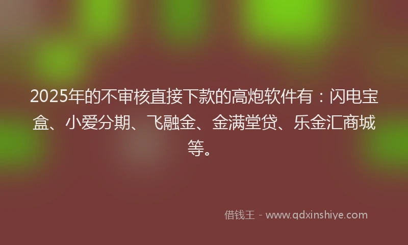 2025年的不审核直接下款的高炮软件有：闪电宝盒、小爱分期、飞融金、金满堂贷、乐金汇商城等。