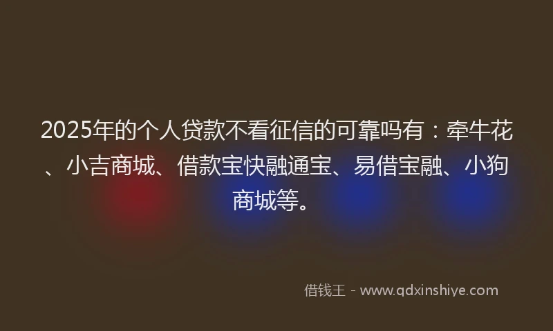 2025年的个人贷款不看征信的可靠吗有：牵牛花、小吉商城、借款宝快融通宝、易借宝融、小狗商城等。