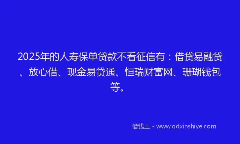 2025年的人寿保单贷款不看征信有：借贷易融贷、放心借、现金易贷通、恒瑞财富网、珊瑚钱包等。