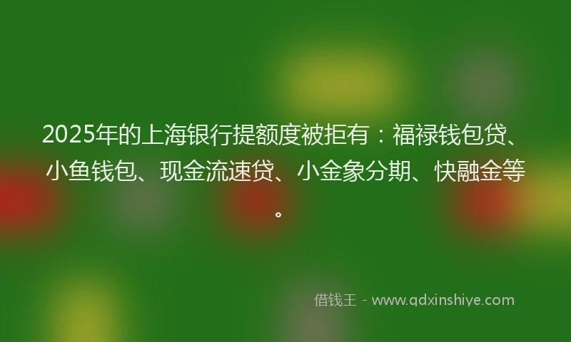 2025年的上海银行提额度被拒有：福禄钱包贷、小鱼钱包、现金流速贷、小金象分期、快融金等。