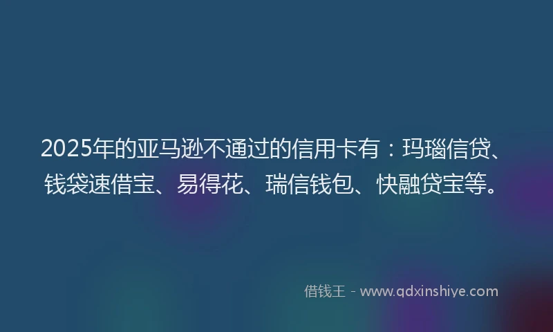 2025年的亚马逊不通过的信用卡有：玛瑙信贷、钱袋速借宝、易得花、瑞信钱包、快融贷宝等。