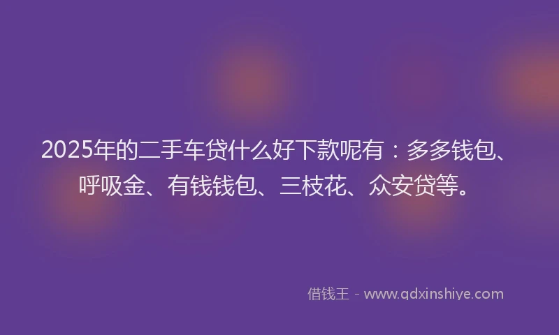 2025年的二手车贷什么好下款呢有：多多钱包、呼吸金、有钱钱包、三枝花、众安贷等。