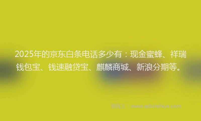 2025年的京东白条电话多少有：现金蜜蜂、祥瑞钱包宝、钱速融贷宝、麒麟商城、新浪分期等。