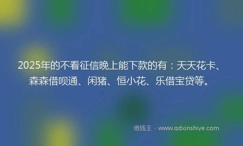 2025年的不看征信晚上能下款的有：天天花卡、森森借呗通、闲猪、恒小花、乐借宝贷等。