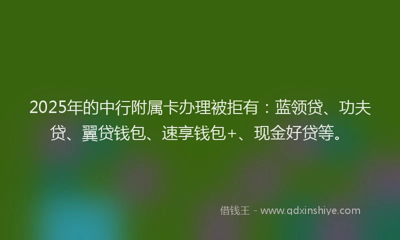 2025年的中行附属卡办理被拒有：蓝领贷、功夫贷、翼贷钱包、速享钱包+、现金好贷等。
