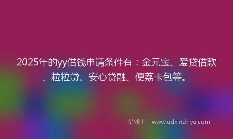 2025年的yy借钱申请条件有：金元宝、爱贷借款、粒粒贷、安心贷融、便荔卡包等。