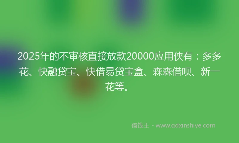 2025年的不审核直接放款20000应用侠有：多多花、快融贷宝、快借易贷宝盒、森森借呗、新一花等。