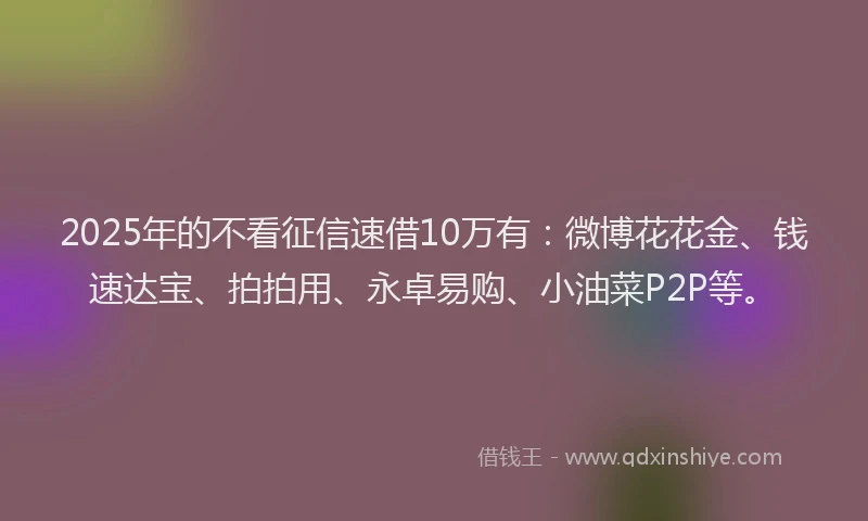 2025年的不看征信速借10万有：微博花花金、钱速达宝、拍拍用、永卓易购、小油菜P2P等。