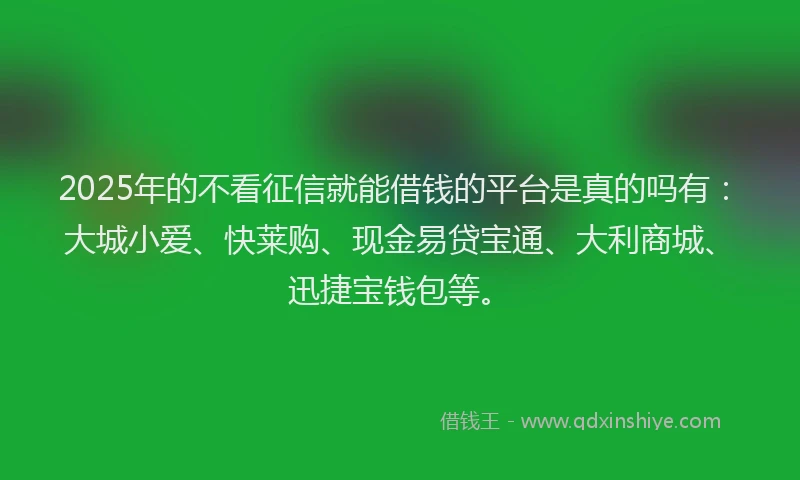 2025年的不看征信就能借钱的平台是真的吗有：大城小爱、快莱购、现金易贷宝通、大利商城、迅捷宝钱包等。