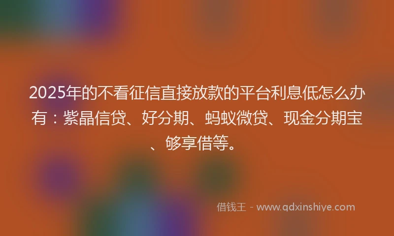 2025年的不看征信直接放款的平台利息低怎么办有：紫晶信贷、好分期、蚂蚁微贷、现金分期宝、够享借等。
