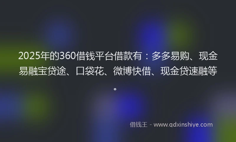2025年的360借钱平台借款有：多多易购、现金易融宝贷途、口袋花、微博快借、现金贷速融等。