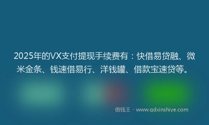 2025年的VX支付提现手续费有：快借易贷融、微米金条、钱速借易行、洋钱罐、借款宝速贷等。