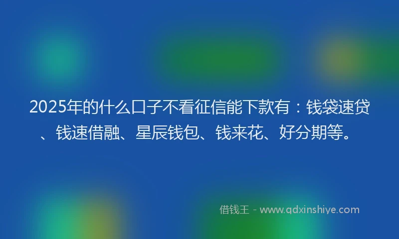 2025年的什么口子不看征信能下款有：钱袋速贷、钱速借融、星辰钱包、钱来花、好分期等。
