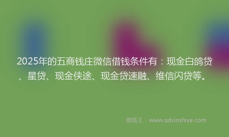 2025年的五商钱庄微信借钱条件有：现金白鸽贷、星贷、现金侠途、现金贷速融、维信闪贷等。