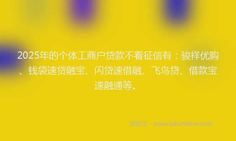2025年的个体工商户贷款不看征信有：骏祥优购、钱袋速贷融宝、闪贷速借融、飞鸟贷、借款宝速融通等。