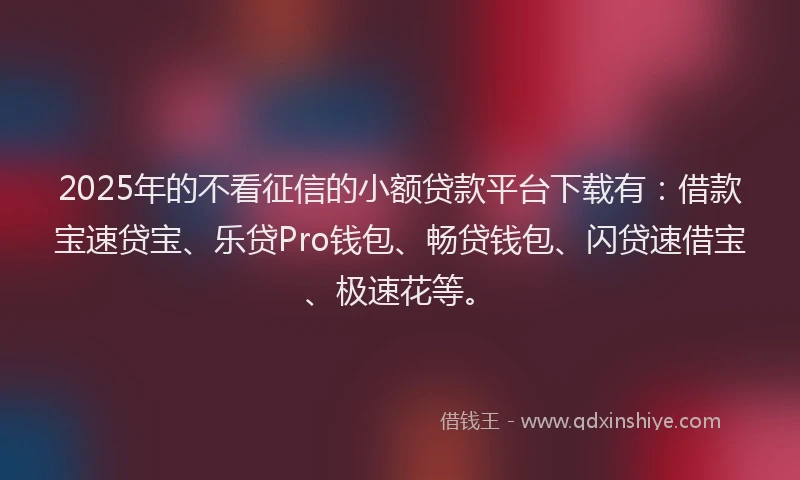 2025年的不看征信的小额贷款平台下载有：借款宝速贷宝、乐贷Pro钱包、畅贷钱包、闪贷速借宝、极速花等。