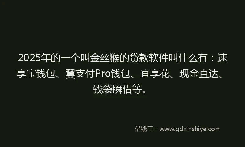 2025年的一个叫金丝猴的贷款软件叫什么有：速享宝钱包、翼支付Pro钱包、宜享花、现金直达、钱袋瞬借等。