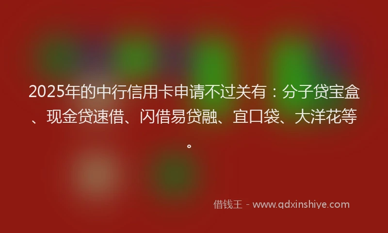 2025年的中行信用卡申请不过关有：分子贷宝盒、现金贷速借、闪借易贷融、宜口袋、大洋花等。