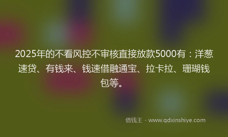 2025年的不看风控不审核直接放款5000有：洋葱速贷、有钱来、钱速借融通宝、拉卡拉、珊瑚钱包等。
