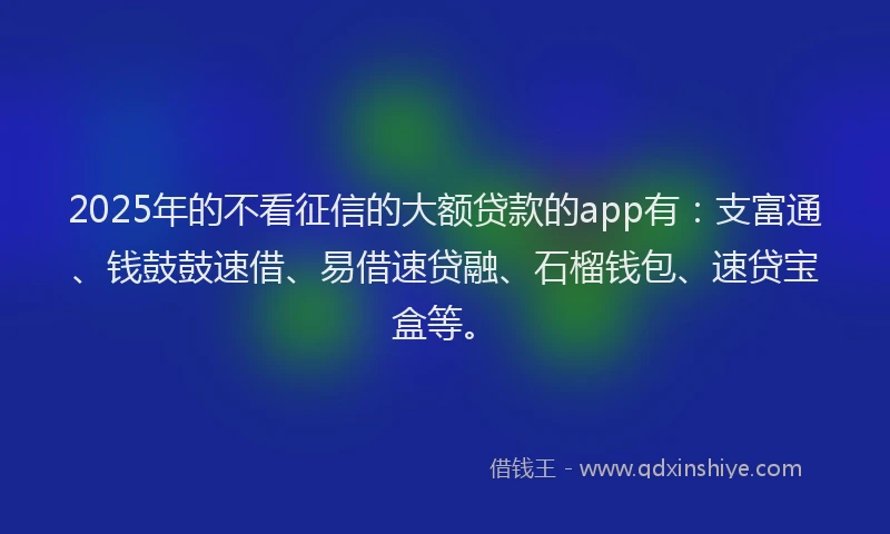 2025年的不看征信的大额贷款的app有：支富通、钱鼓鼓速借、易借速贷融、石榴钱包、速贷宝盒等。