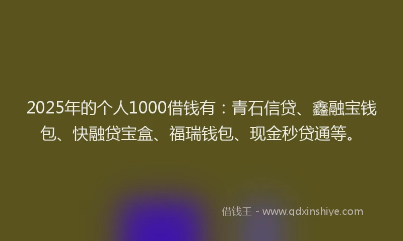 2025年的个人1000借钱有：青石信贷、鑫融宝钱包、快融贷宝盒、福瑞钱包、现金秒贷通等。